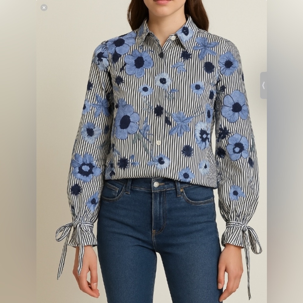 Max Jeans Navy Floral Stripe Button Down Shirt with wide sleeves. .